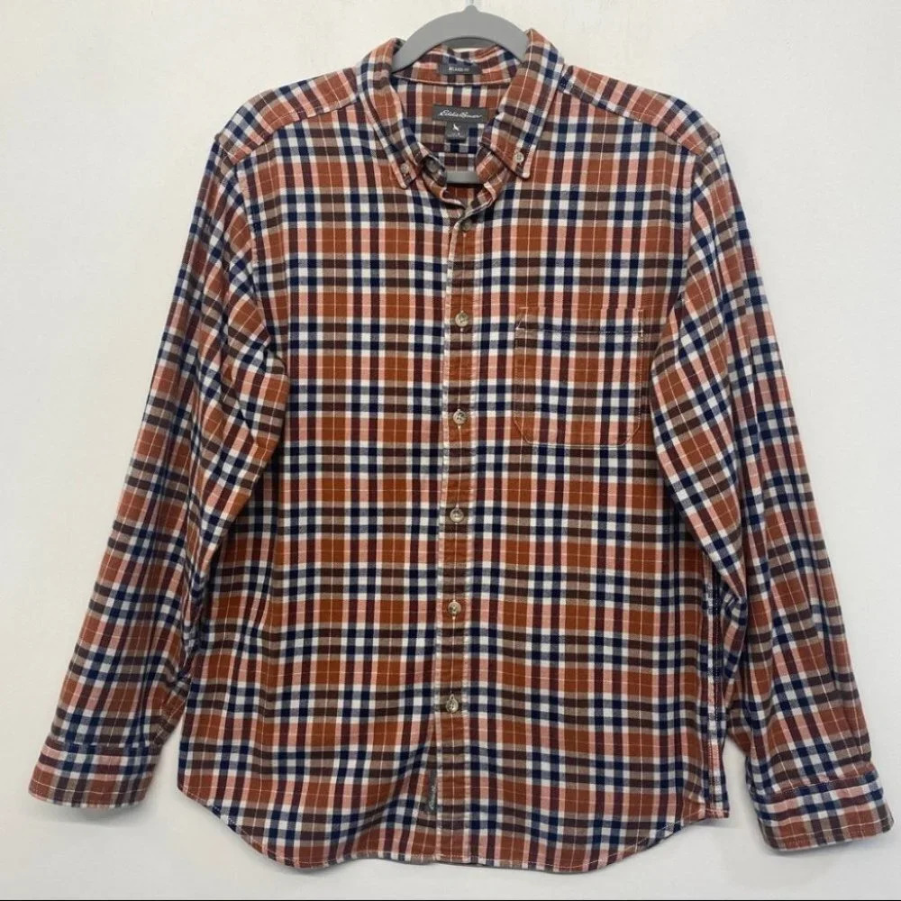Eddie Bauer Orange Plaid Relaxed Fit Flannel Button‎ Down Shirt S